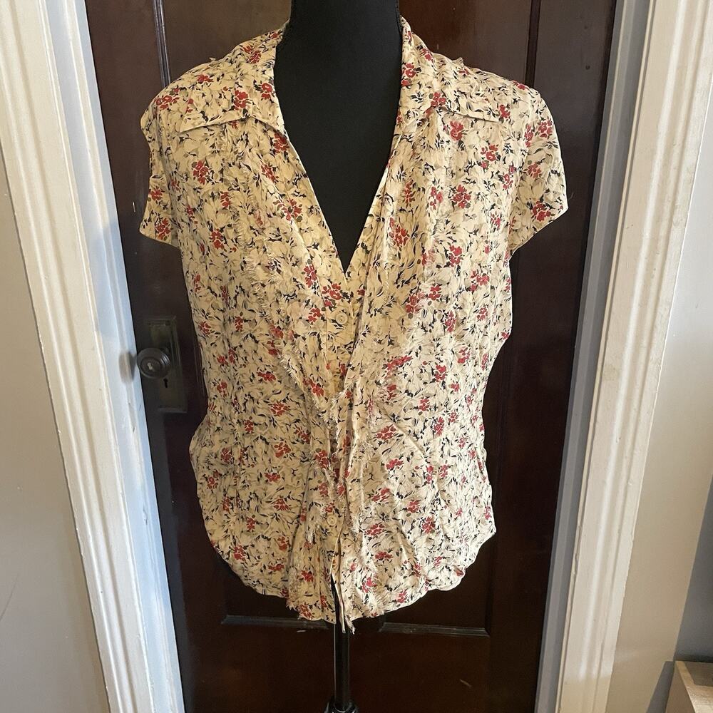 NINE WEST Nude Black 100% Silk Floral Button Up Top Short Sleeve Womens 14 - Picture 2 of 10